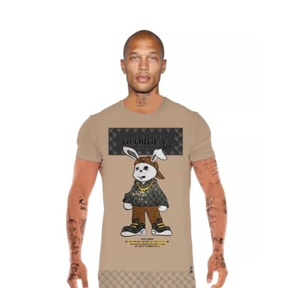 Men’s Avenue George V Paris T-Shirt– Tan Bunny Graphic Bling Rhinestone Tee L